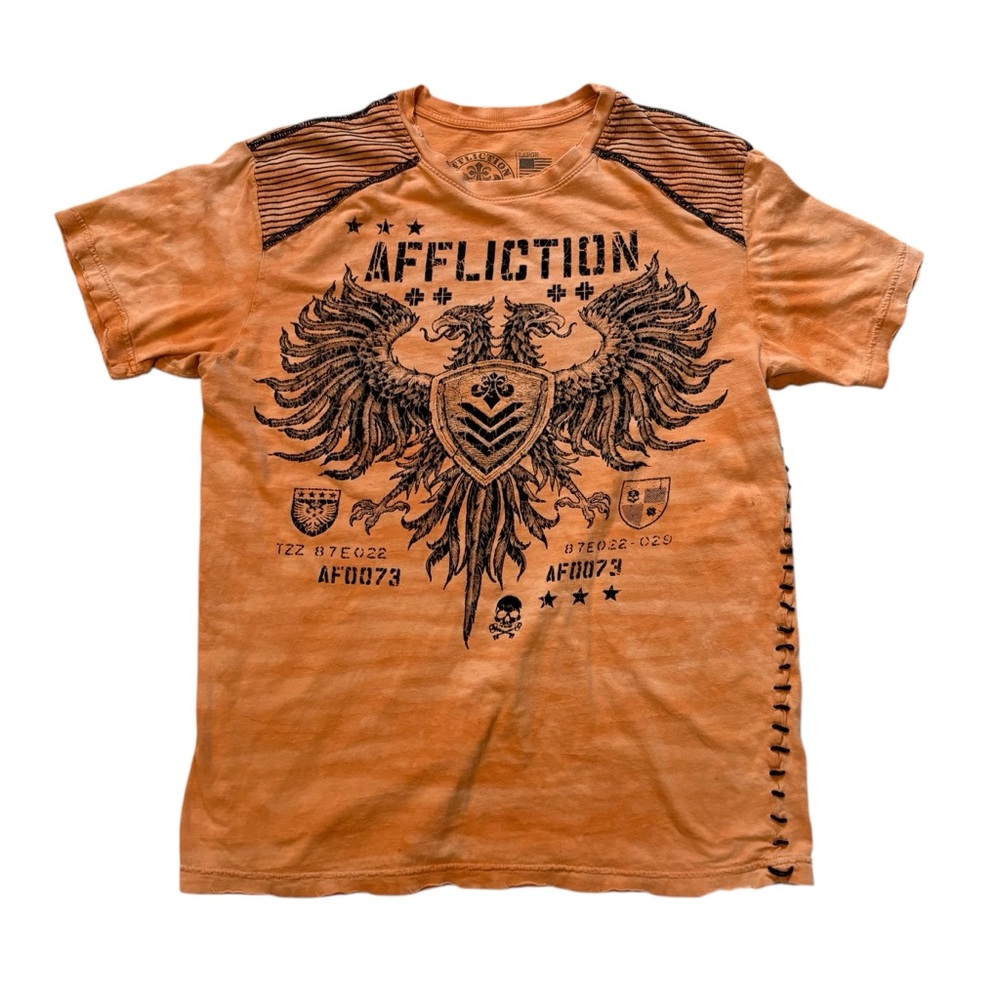 Affliction Value T-Shirt Bright Orange Camo Wash Flocked Graphic, Sz L - Picture 10 of 15